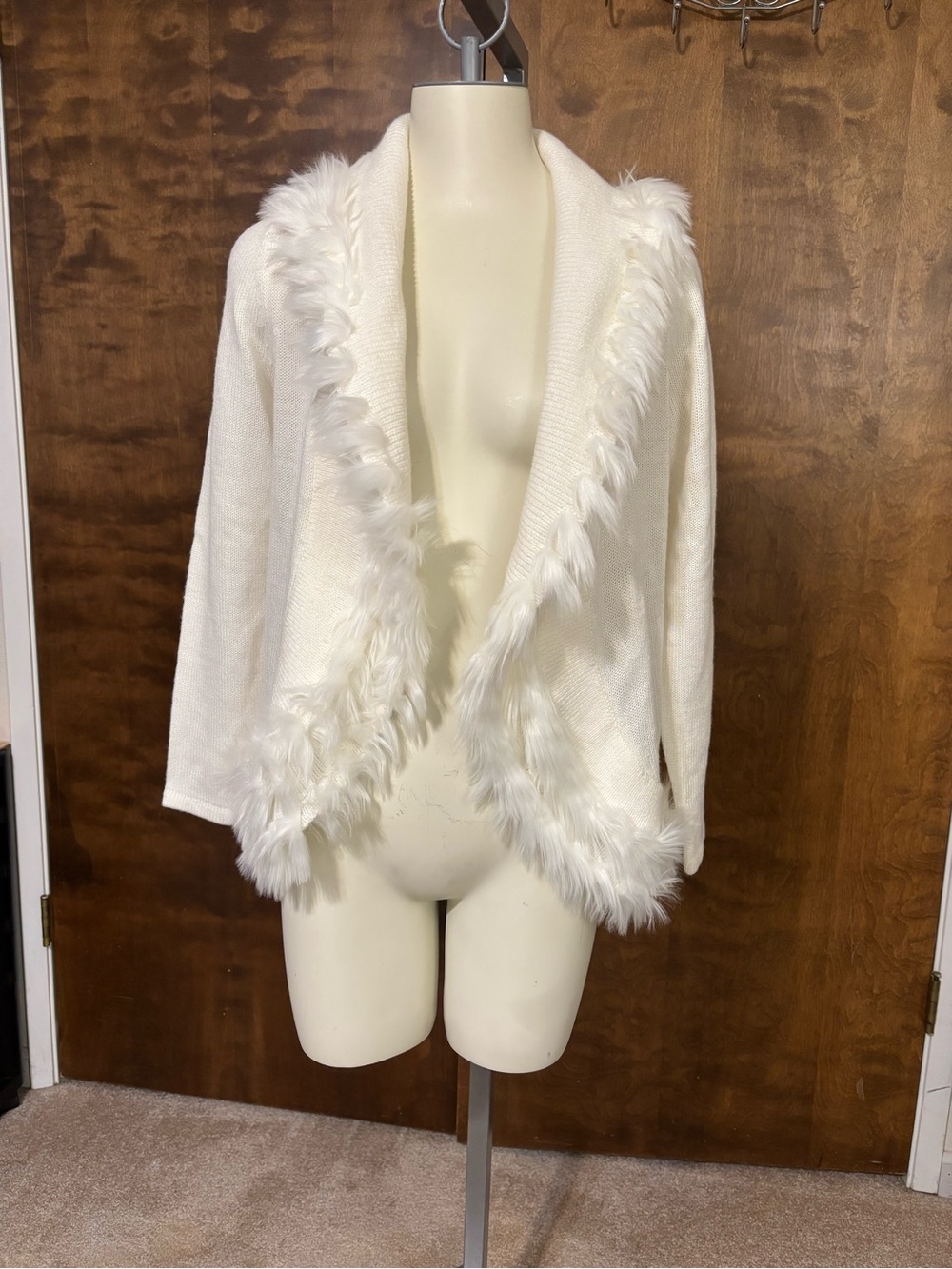 Alfani Cream Faux Fur-Trim Open-Front Cardigan